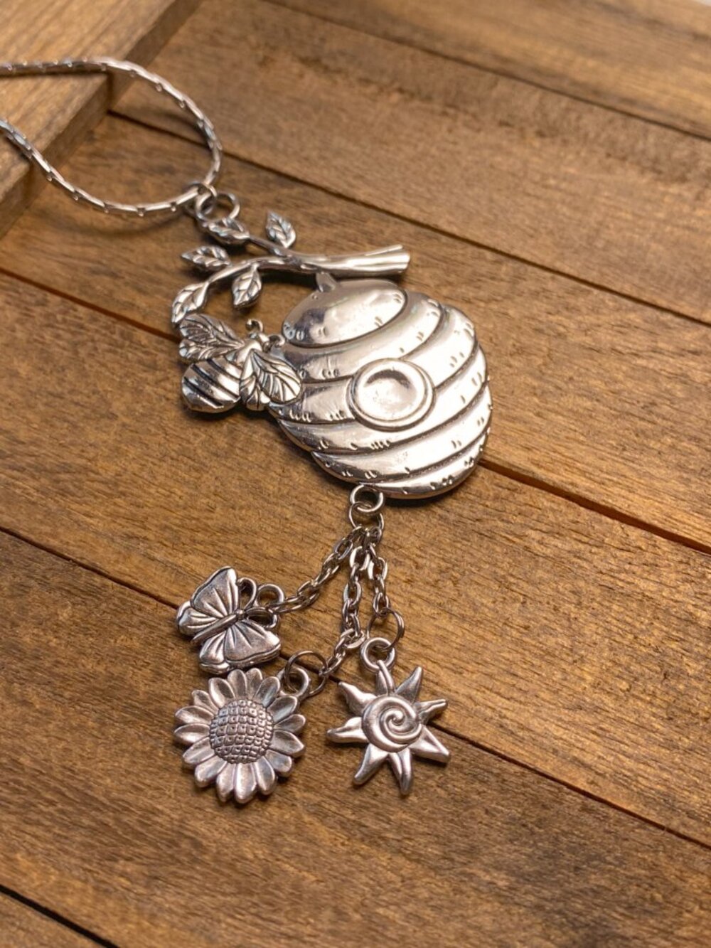 Ganz Beehive Bee Honeybee Branch Dangling Charm Silver Pendant Chain Necklace